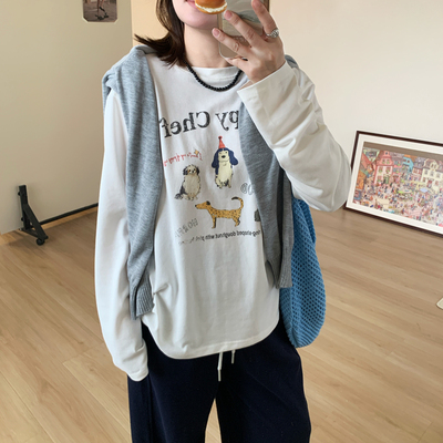 Omang桃喜 韩系甜美卡通印花长袖T恤女早秋宽松休闲百搭白色上衣