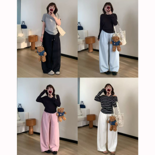 韩系松紧腰宽松阔腿运动裤 女春季 小个子松弛感休闲卫裤 Omang桃喜