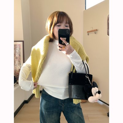 Omang桃喜 韩系小高领白色打底衫女秋冬半高领弹力修身内搭上衣