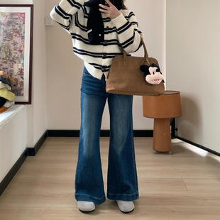 Omang桃喜 小个子弹力修身微喇牛仔裤女秋季显瘦百搭蓝色喇叭长裤