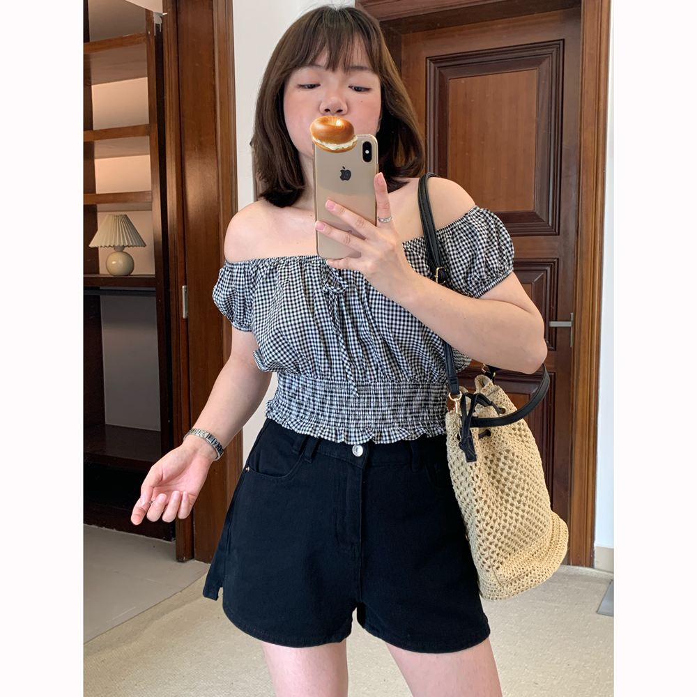 Omang桃喜 一字肩小个子短袖上衣女夏季复古设计感短款格子小衫