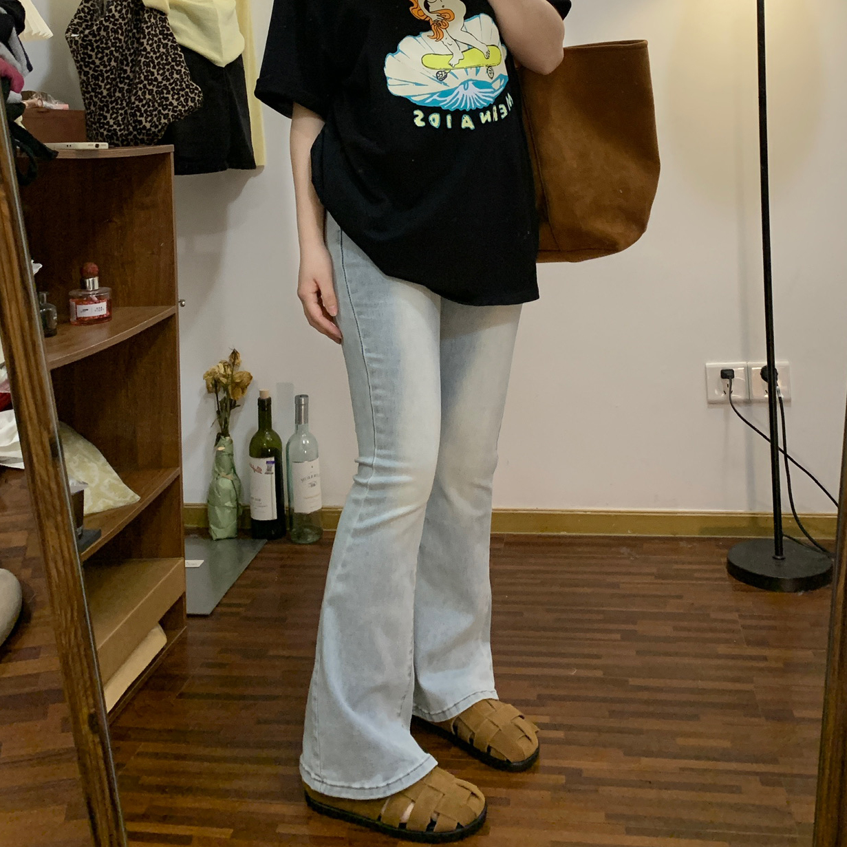 Omang桃喜浅蓝色牛仔喇叭裤