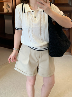 Omang桃喜 复古学院风针织短袖polo衫女夏季设计感韩系半袖上衣