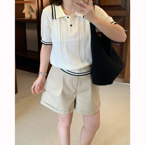 Omang桃喜 复古学院风针织短袖polo衫女夏季设计感韩系半袖上衣