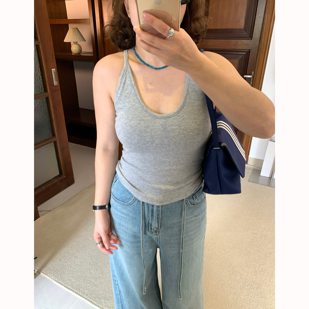 Omang桃喜带胸垫遮副乳吊带背心女夏季辣妹内搭外穿U领一体杯上衣