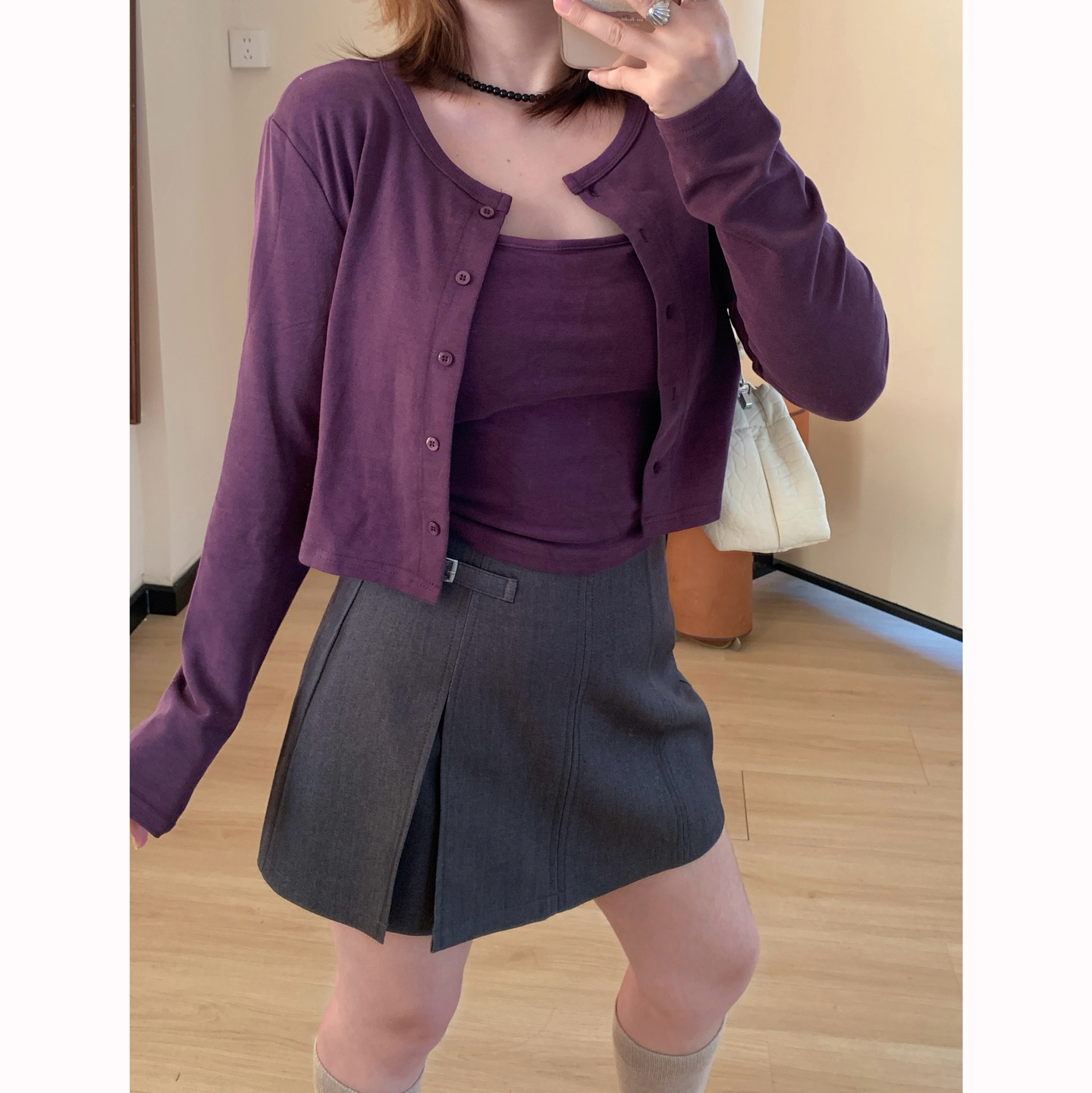 Omang桃喜 针织开衫配带胸垫吊带背心套装女早秋紫色上衣两件套