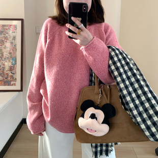 线衫 Omang桃喜 霉粉色花线圆领毛衣女秋冬氛围感宽松甜美风插肩袖