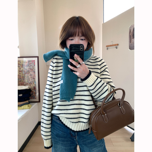 线衫 Omang桃喜 韩系甜美风V领条纹毛衣女秋冬宽松厚实百搭插肩袖