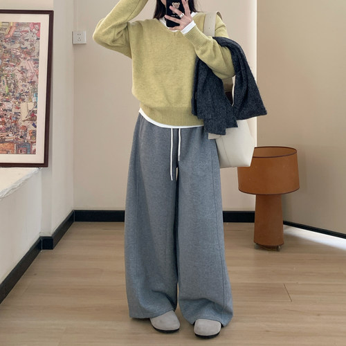 Omang桃喜 小个子松紧腰弯刀卫裤女秋冬加绒宽松运动裤阔腿香蕉裤