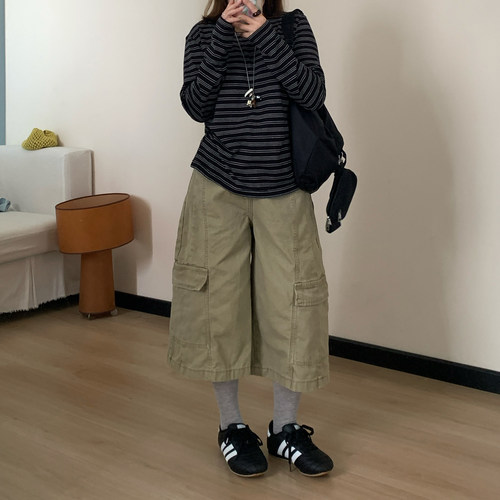 Omang桃喜 休闲甜酷工装七分裤女春夏美式复古设计感卡其八分中裤