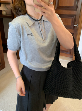 Omang桃喜 学院风短袖polo衫上衣女夏季软糯字母刺绣短款针织小衫