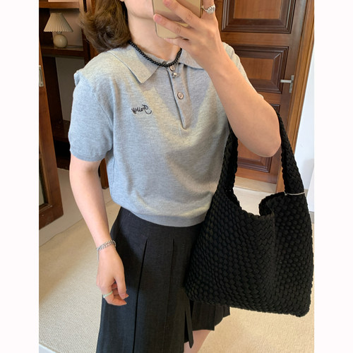 Omang桃喜 学院风短袖polo衫上衣女夏季软糯字母刺绣短款针织小衫