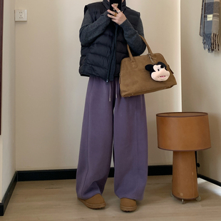 松紧腰休闲慵懒阔腿运动裤 女冬季 小个子加绒弯刀卫裤 Omang桃喜