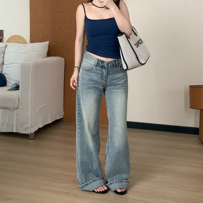 Omang桃喜 浅色复古直筒低腰牛仔裤女春夏辣妹百搭竹节纹拖地长裤