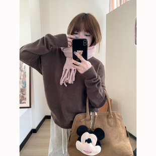 Omang桃喜 百搭针织上衣 韩系复古咖色v领毛衣女秋冬宽松套头线衫