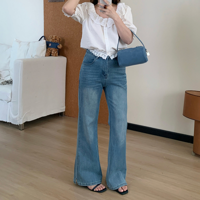 Omang桃喜 小个子直筒微喇牛仔裤女春夏百搭弹力修身显瘦喇叭长裤