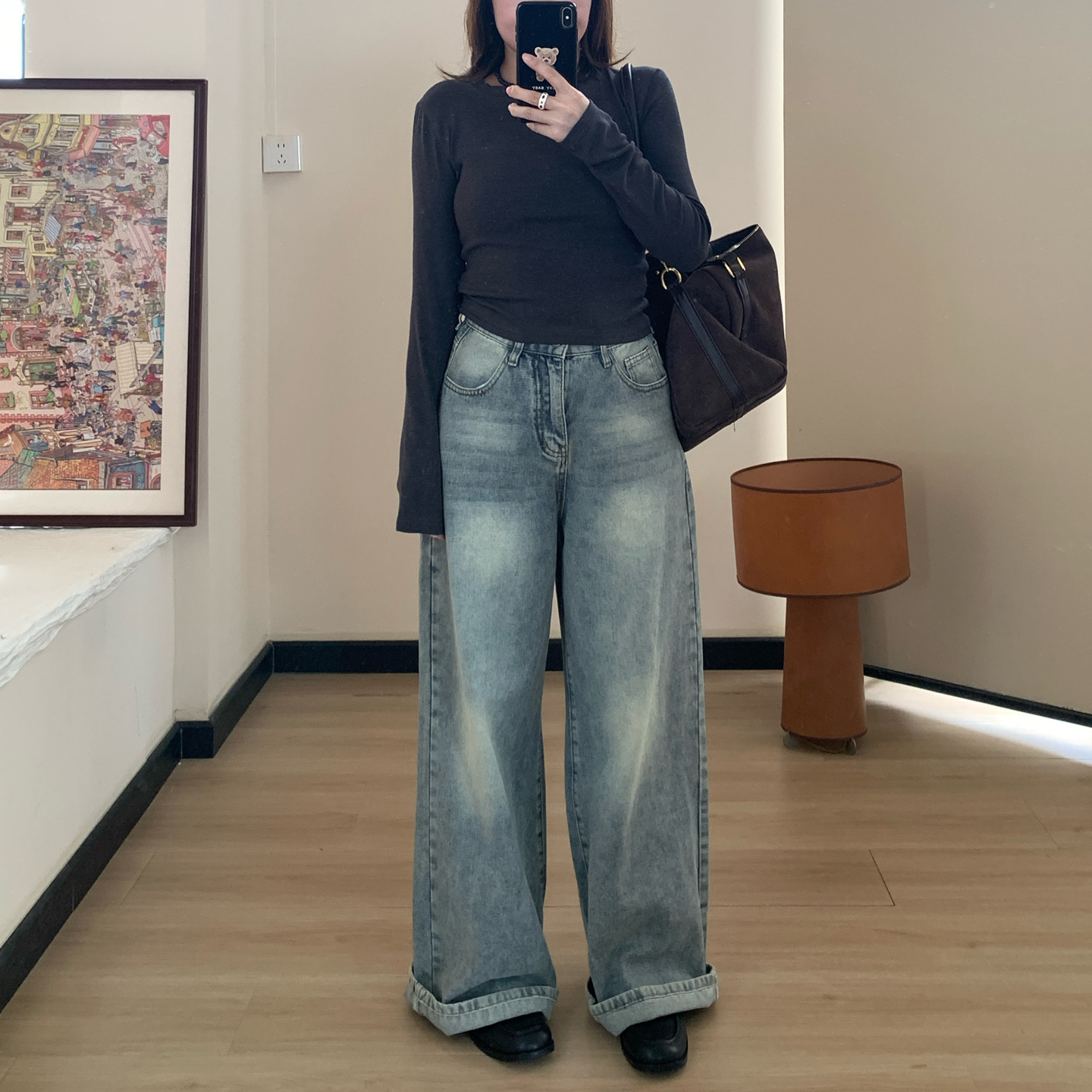 Omang桃喜 水洗做旧复古阔腿牛仔裤女秋高腰设计感宽松直筒拖地裤