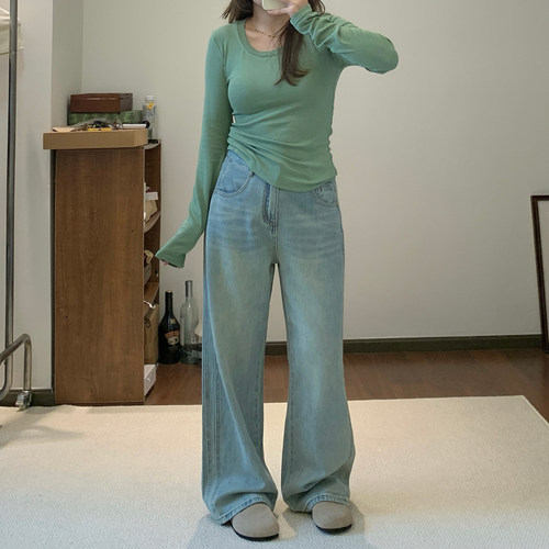 Omang桃喜  浅蓝色窄版阔腿牛仔裤女早秋高腰百搭垂感拖地直筒裤