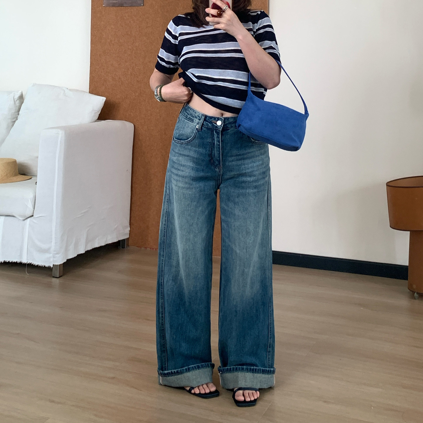 Omang桃喜 中低腰复古蓝直筒牛仔裤女春季高级感显廋百搭拖地长裤