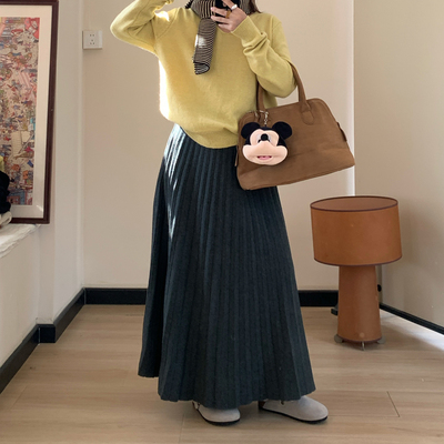 Omang桃喜 韩系中长款加厚针织百褶裙女秋冬高级感显瘦压褶半身裙