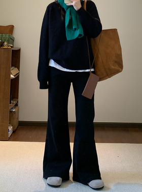 Omang桃喜 黑色弹力微喇牛仔裤女秋冬加绒高腰修身显瘦百搭喇叭裤