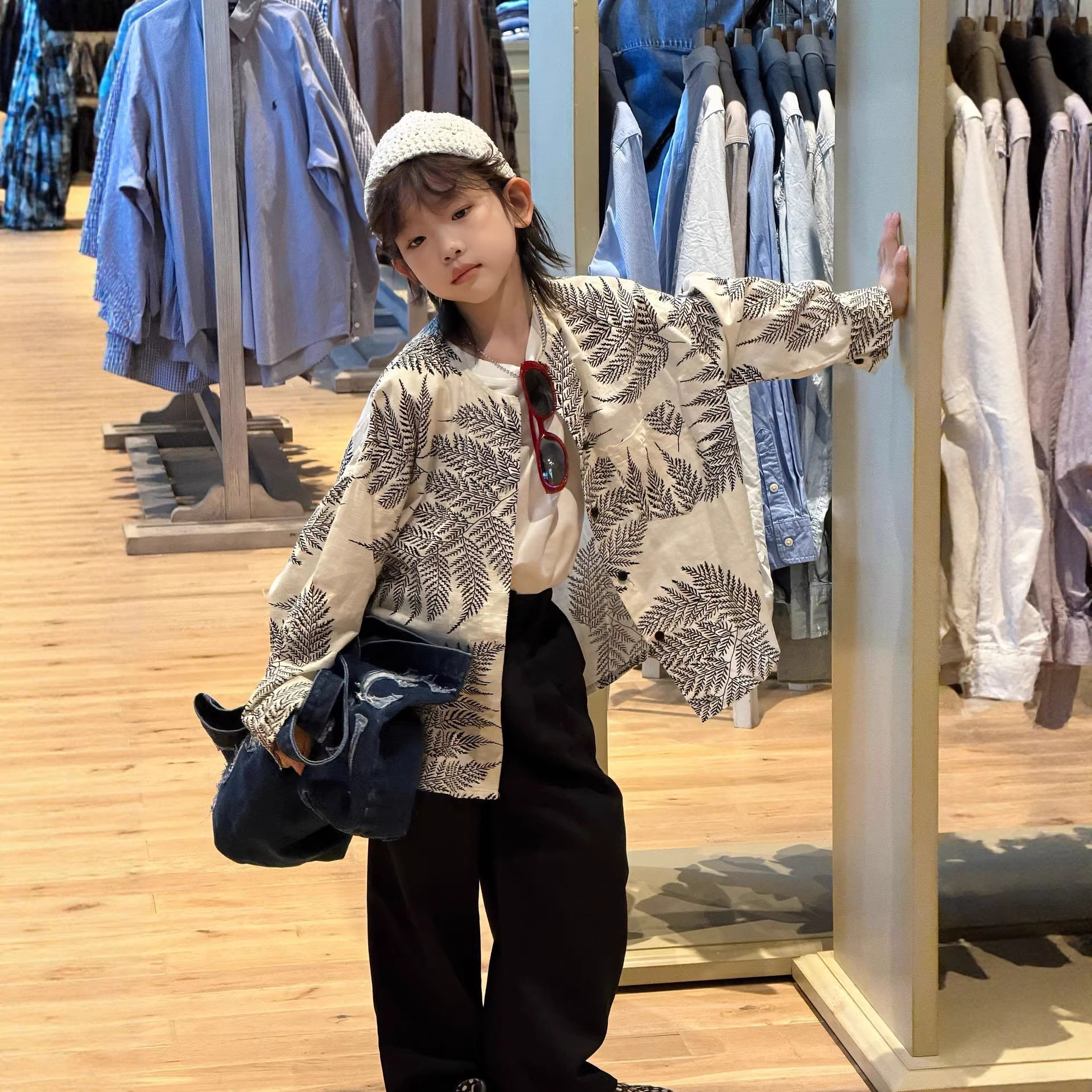 童装26春新品童装中小童男童休闲竹叶度假风无领棉麻衬衫上衣