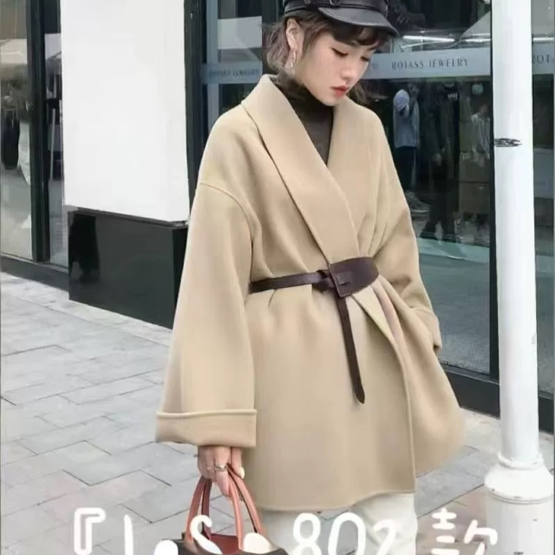 冬上新韩系简约气质高级感双面羊绒大衣配腰带