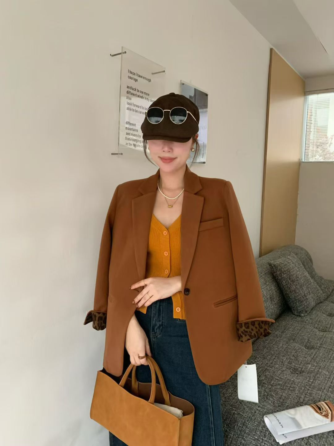 冬上新韩系少女气质斑纹时尚百搭修身外套西装