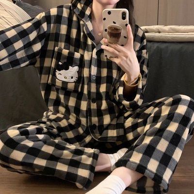 日系甜美格子睡衣女秋冬季新款HelloKitty卡通德绒家居服套装学生