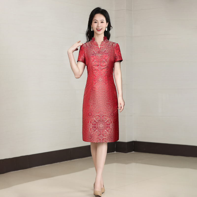 宋锦喜婆婆婚宴装2025新款秋季妈妈喜服婚宴订婚礼服红色连衣裙女