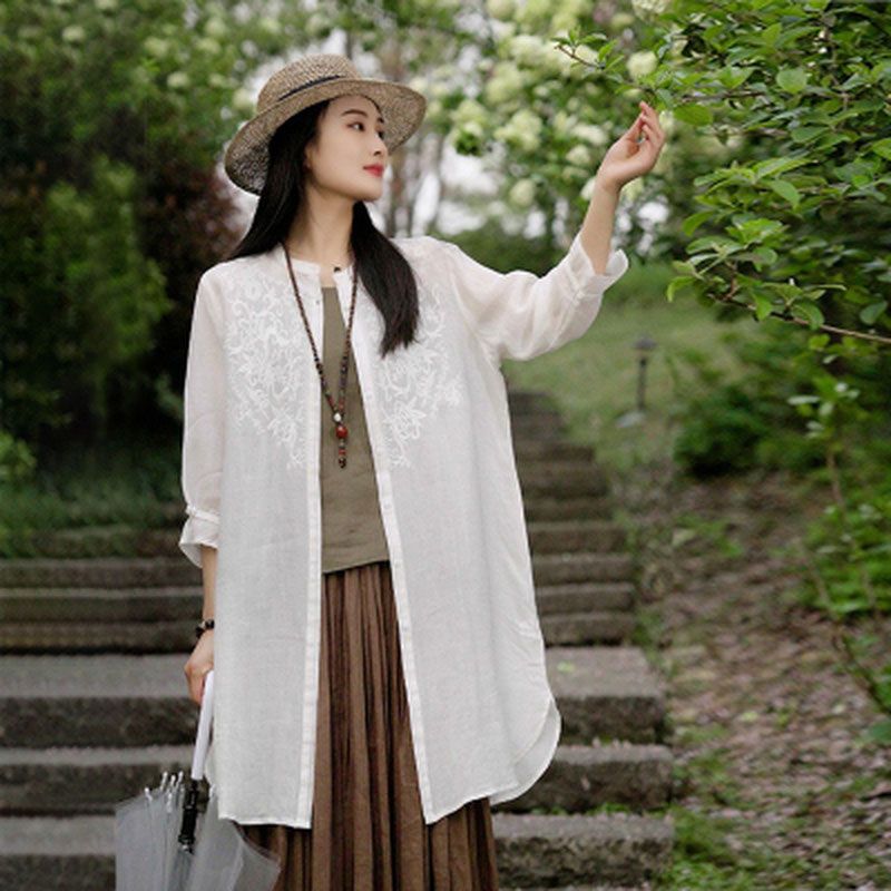 复古刺绣棉麻开衫衬衫女中长款2026夏季气质防晒衣空调衫休闲外套