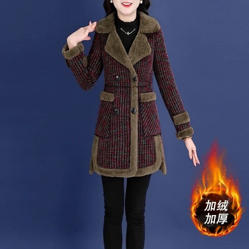 中老年冬季格子毛呢大衣女加绒加厚中长款翻领妈妈装洋气保暖外套
