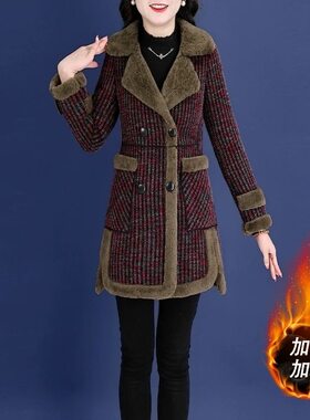 中老年冬季格子毛呢大衣女加绒加厚中长款翻领妈妈装洋气保暖外套