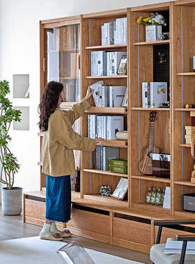 实木组合柜卡座书柜整墙一体樱桃木玻璃展示储物柜去客厅化收纳柜