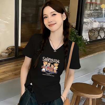 韩版辣妹V领短袖T恤女黑色2026夏装螺纹棉宽松显瘦小个子开叉上衣