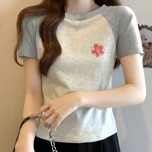 小众圆领撞色拼接2026夏季棉质亲肤T恤女短袖宽松显瘦插肩袖上衣