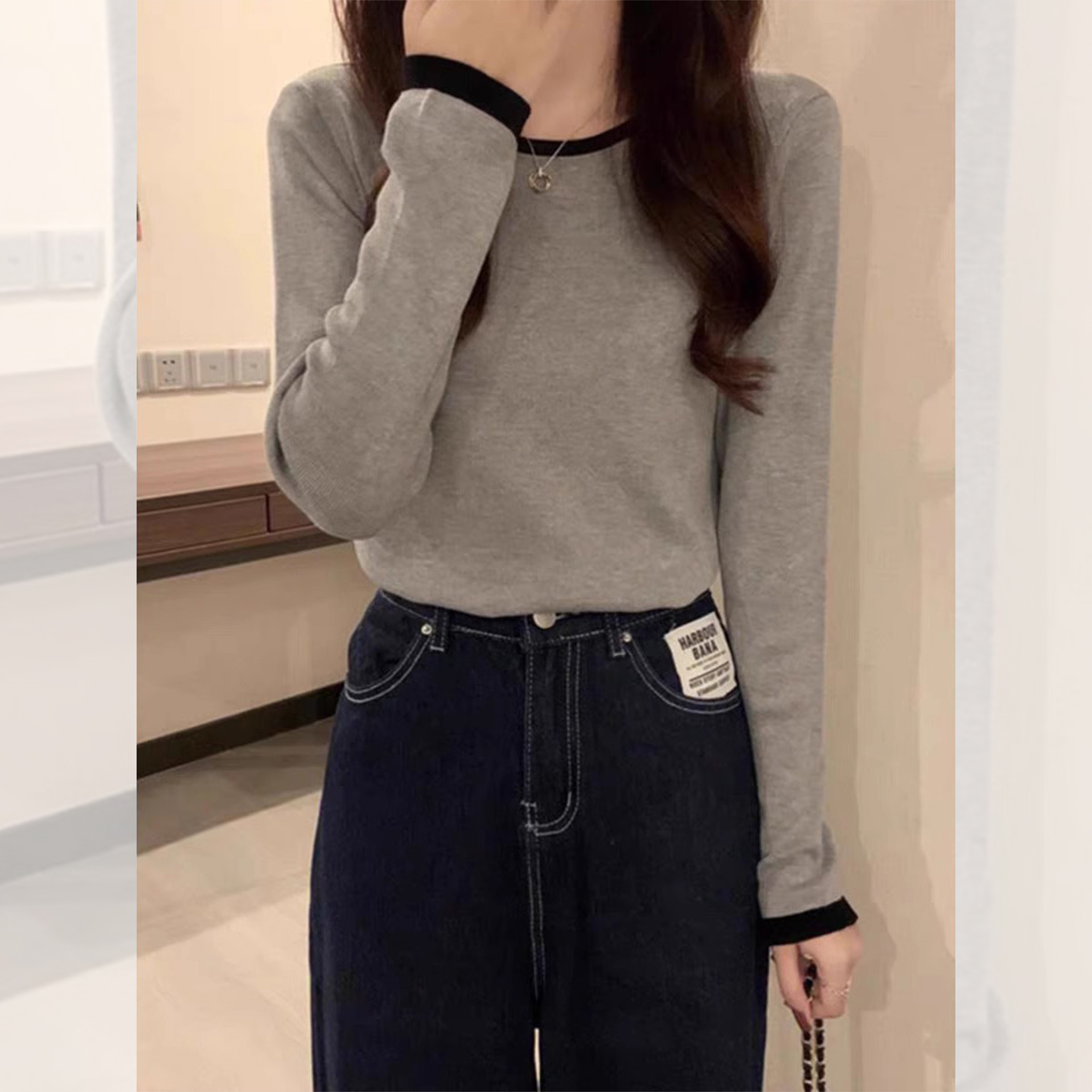 小众高级灰撞色2025冬季新款设计感拼接t恤女装纯棉薄款圆领上衣