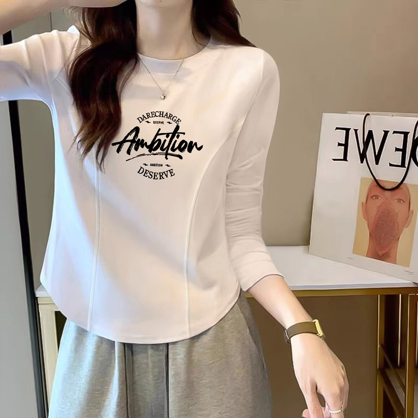 2025秋季新款正肩长袖女装白色纯棉T恤女不规则经典百搭鱼骨上衣,女装/女士精品,T恤,淘宝优惠券,粉丝福利购,淘宝优惠卷