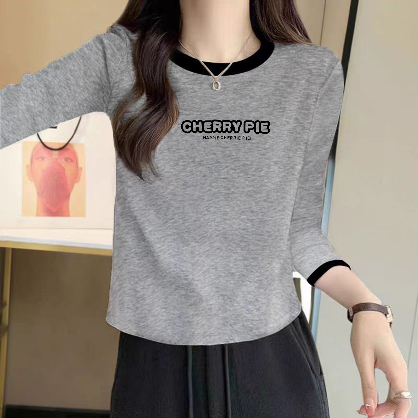 2025秋季纯棉打底衫长袖T恤女设计感小众修身显瘦辣妹撞色领上衣