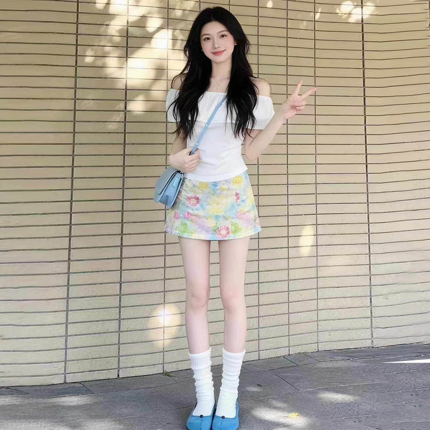 碎花半身裙女2026夏装甜辣性感一字肩荷叶边露肩短袖棉质T恤上衣