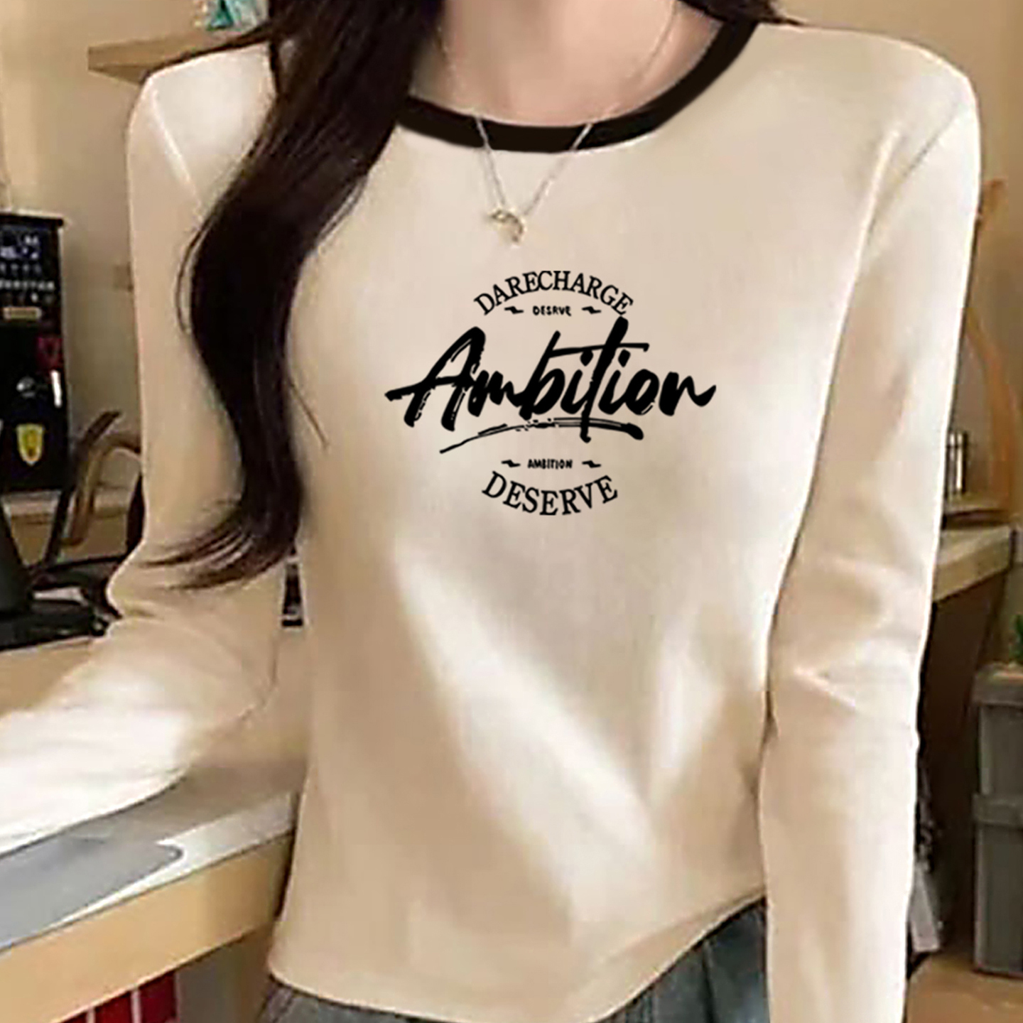 2025秋季纯棉长袖T恤女设计感小众修身显瘦辣妹高级灰撞色领上衣