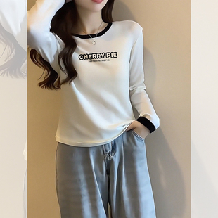 2025年冬季新款撞色长袖正肩t恤女韩版宽松休闲纯棉打底色领上衣