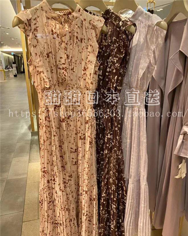 日本代购SNIDEL夏季新品印花小飞袖收腰百褶无袖连衣裙SWFO221055
