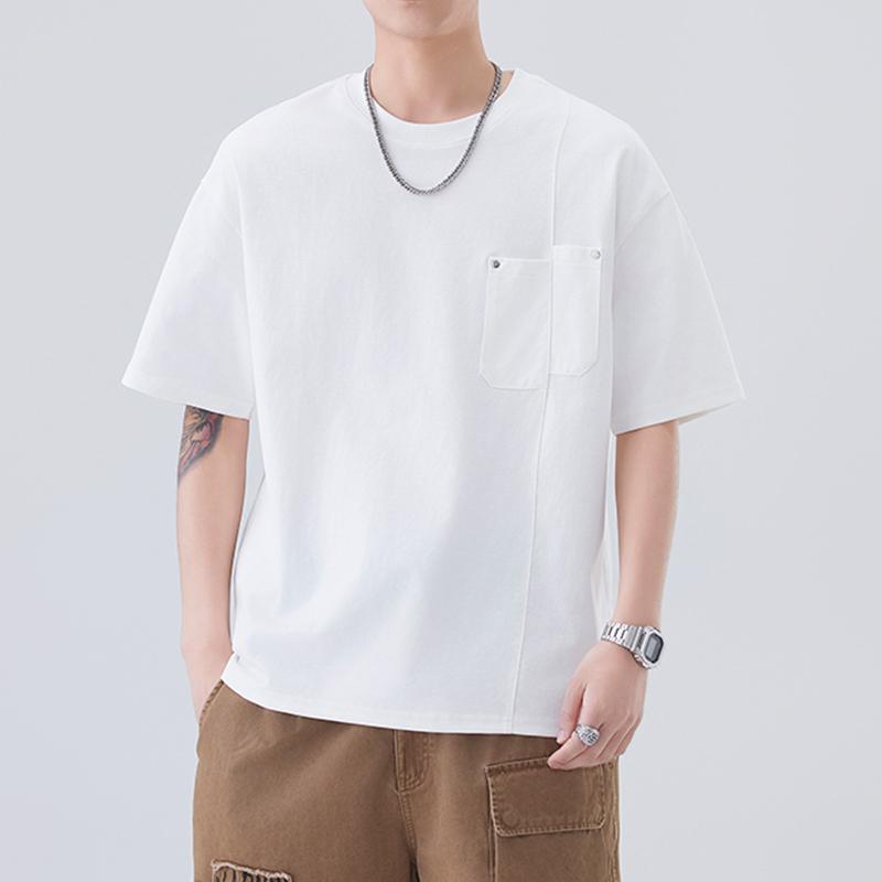 2025夏季新款慵懒风五分袖男宽松设计感拼接口袋圆领T恤短袖男士