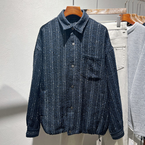 日系复古风编织竖条纹衬衫外套男