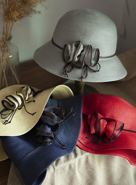 凡FUNHAT 花园的鸢尾手工扎花绝美盆帽超轻夏季遮阳草帽红色灰色