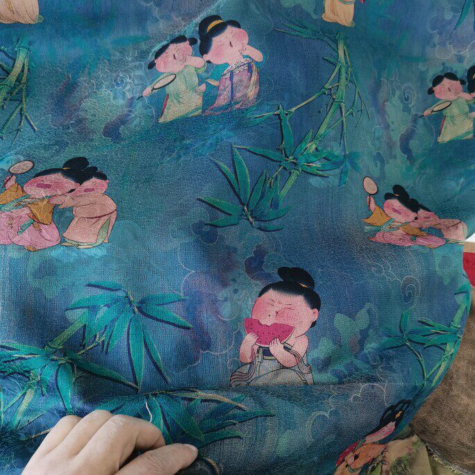 蓝色小唐人香云纱丝绸海绵垫布料面料手工diy桑蚕丝面料清仓布料