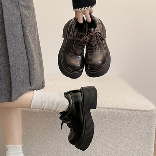 英伦风厚底德比鞋女系带小皮鞋松糕底增高女鞋小个子学院深口单鞋