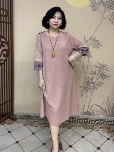 气质宽松显瘦减龄修身 冰麻针织连衣裙时尚 中长裙 七分袖 春秋新款