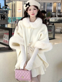 蝙蝠衫 宽松慵懒水貂绒毛针织斗篷大衣奶白毛呢外套减龄中长款 披肩